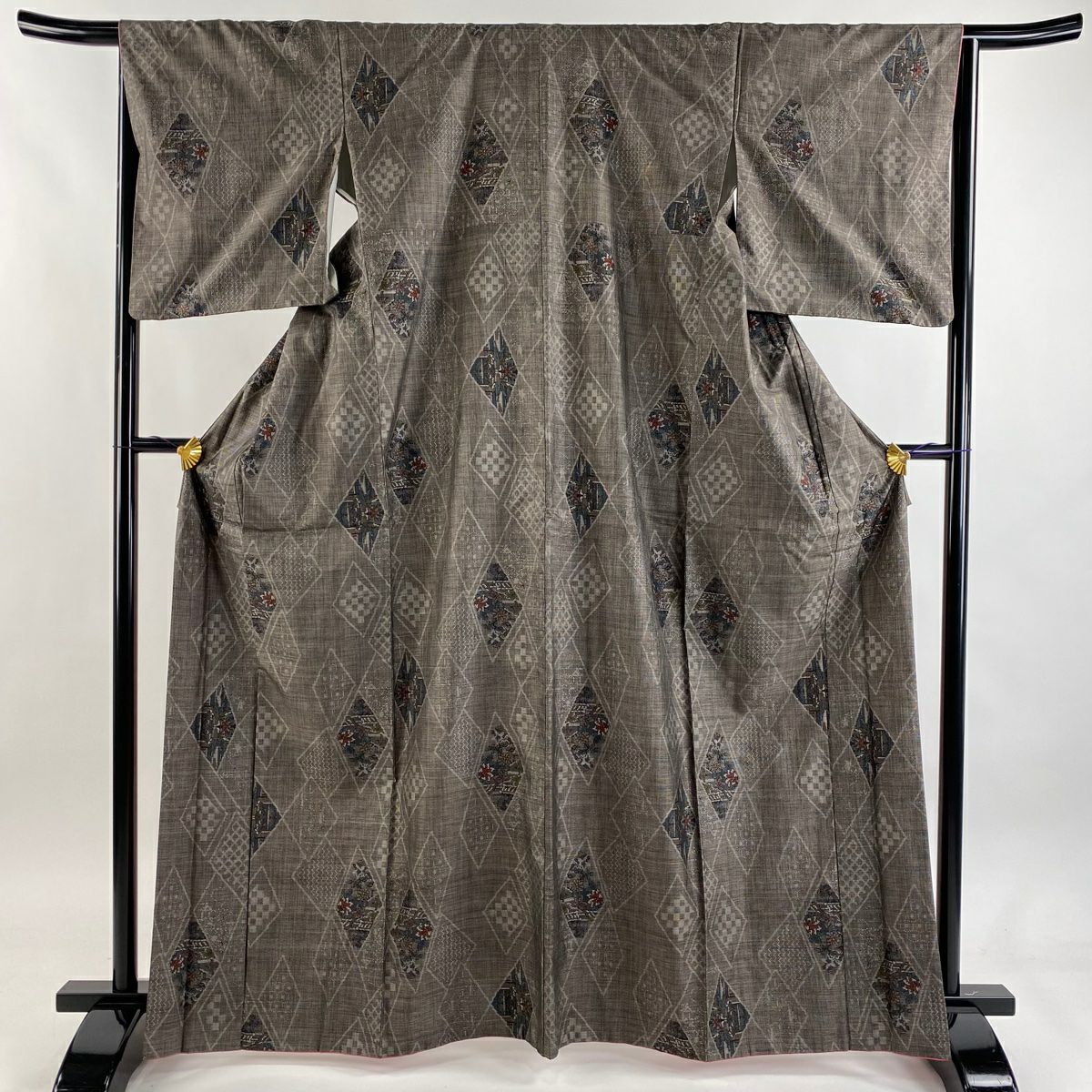 【美品】 紬織 身長166.5cm 袖長64.5cm M 雙層 菱 草花紋 焦茶 純蠶絲 秀品級