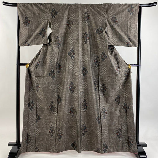 【美品】 紬織 身長166.5cm 袖長64.5cm M 雙層 菱 草花紋 焦茶 純蠶絲 秀品級