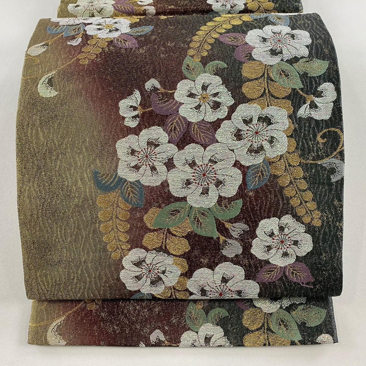 【美品】 袋帶 秀品級 草花紋紋 金金箔 金絲 紅紫 六通 純蠶絲