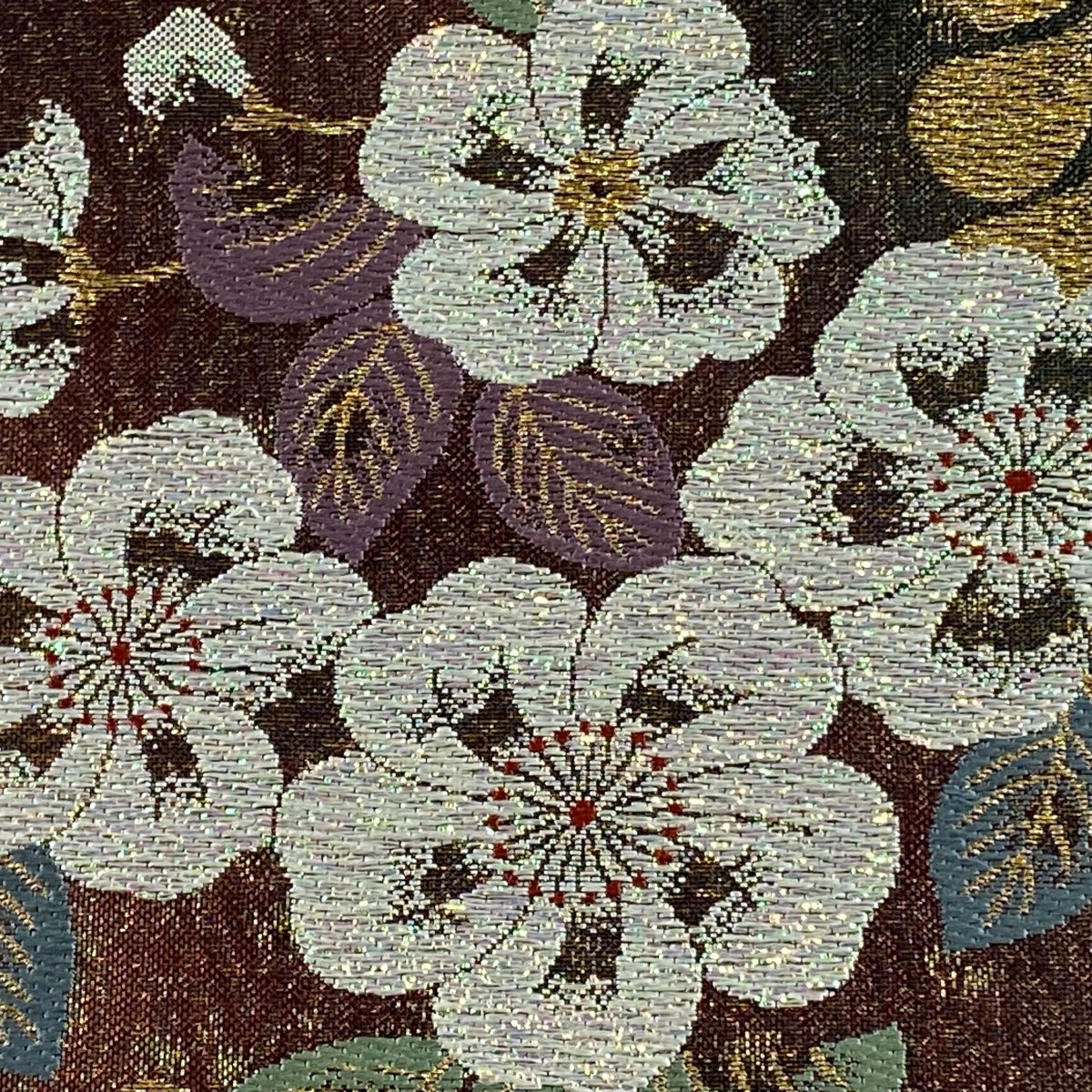 【美品】 袋帶 秀品級 草花紋紋 金金箔 金絲 紅紫 六通 純蠶絲