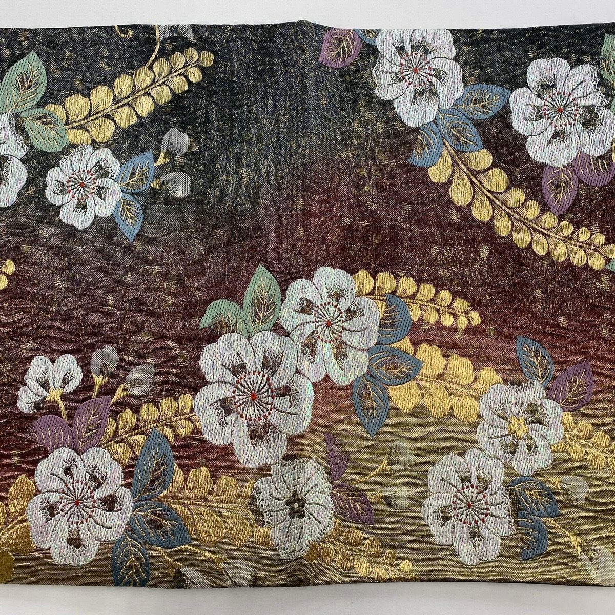 【美品】 袋帶 秀品級 草花紋紋 金金箔 金絲 紅紫 六通 純蠶絲