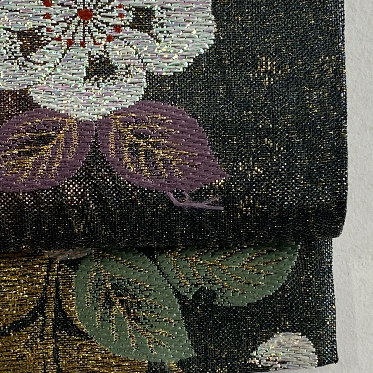 【美品】 袋帶 秀品級 草花紋紋 金金箔 金絲 紅紫 六通 純蠶絲