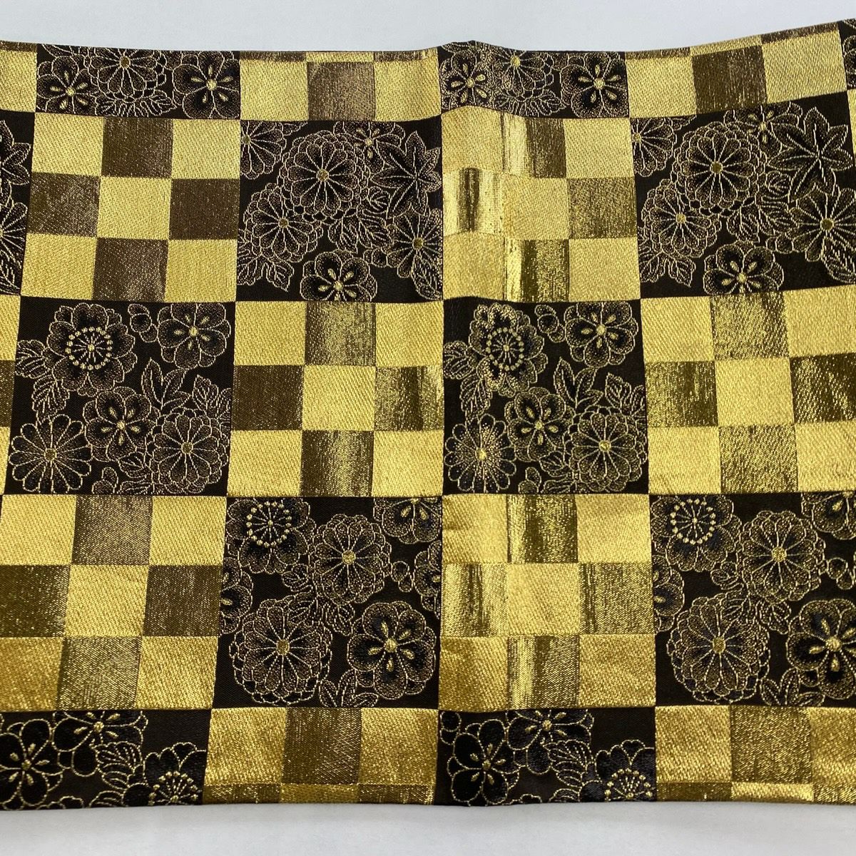【美品】 袋帶 秀品級 草花紋紋 市松樹 金金箔 金絲 黑 六通 純蠶絲