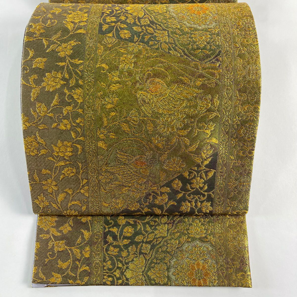 【美品】 袋帶 名品級 華紋 花喰鳥 金絲 金金箔 金色 六通 純蠶絲