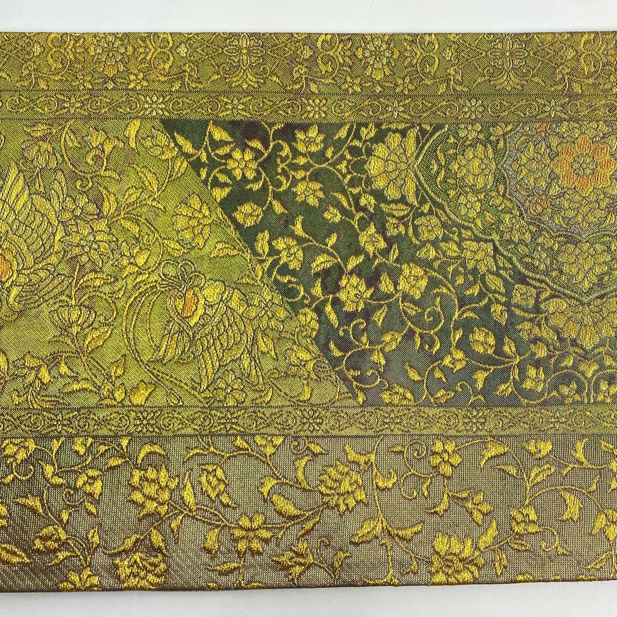 【美品】 袋帶 名品級 華紋 花喰鳥 金絲 金金箔 金色 六通 純蠶絲