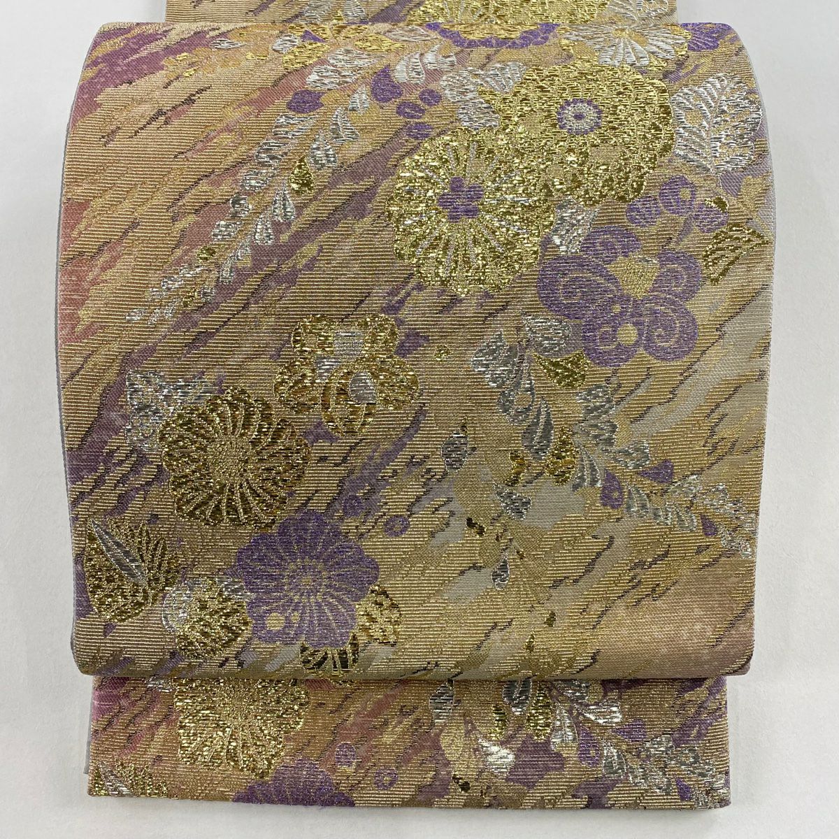【美品】 袋帶 名品級 椿 草花紋 金金箔 金絲 紫 六通 純蠶絲
