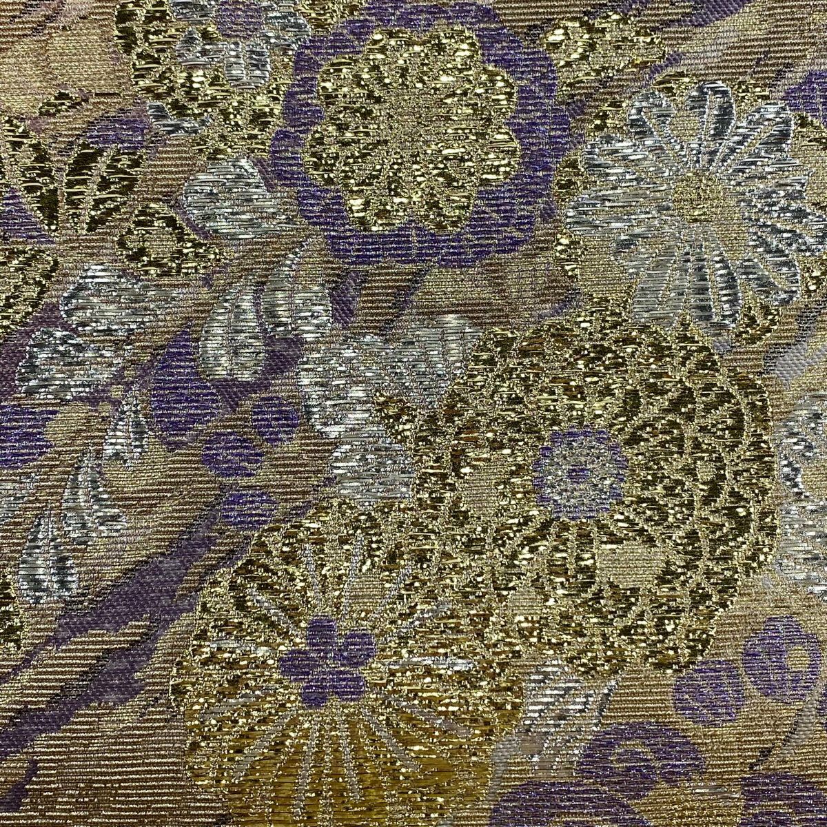 【美品】 袋帶 名品級 椿 草花紋 金金箔 金絲 紫 六通 純蠶絲