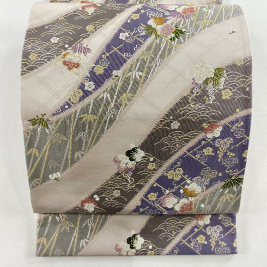 【美品】 袋帶 名品級 坂東三津五郎 落款あり 大和 梅花 薦 薄粉紅 六通 純蠶絲