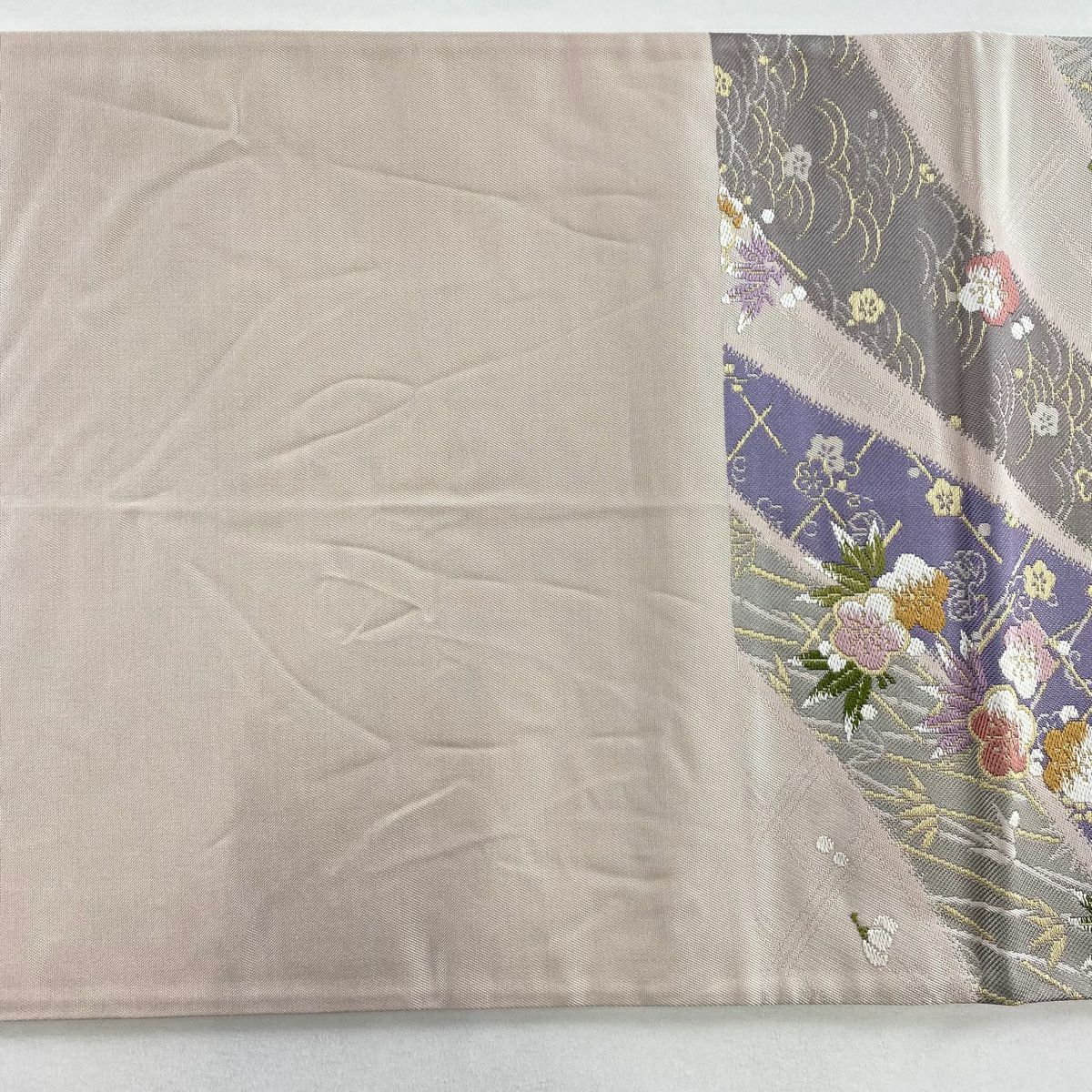【美品】 袋帶 名品級 坂東三津五郎 落款あり 大和 梅花 薦 薄粉紅 六通 純蠶絲