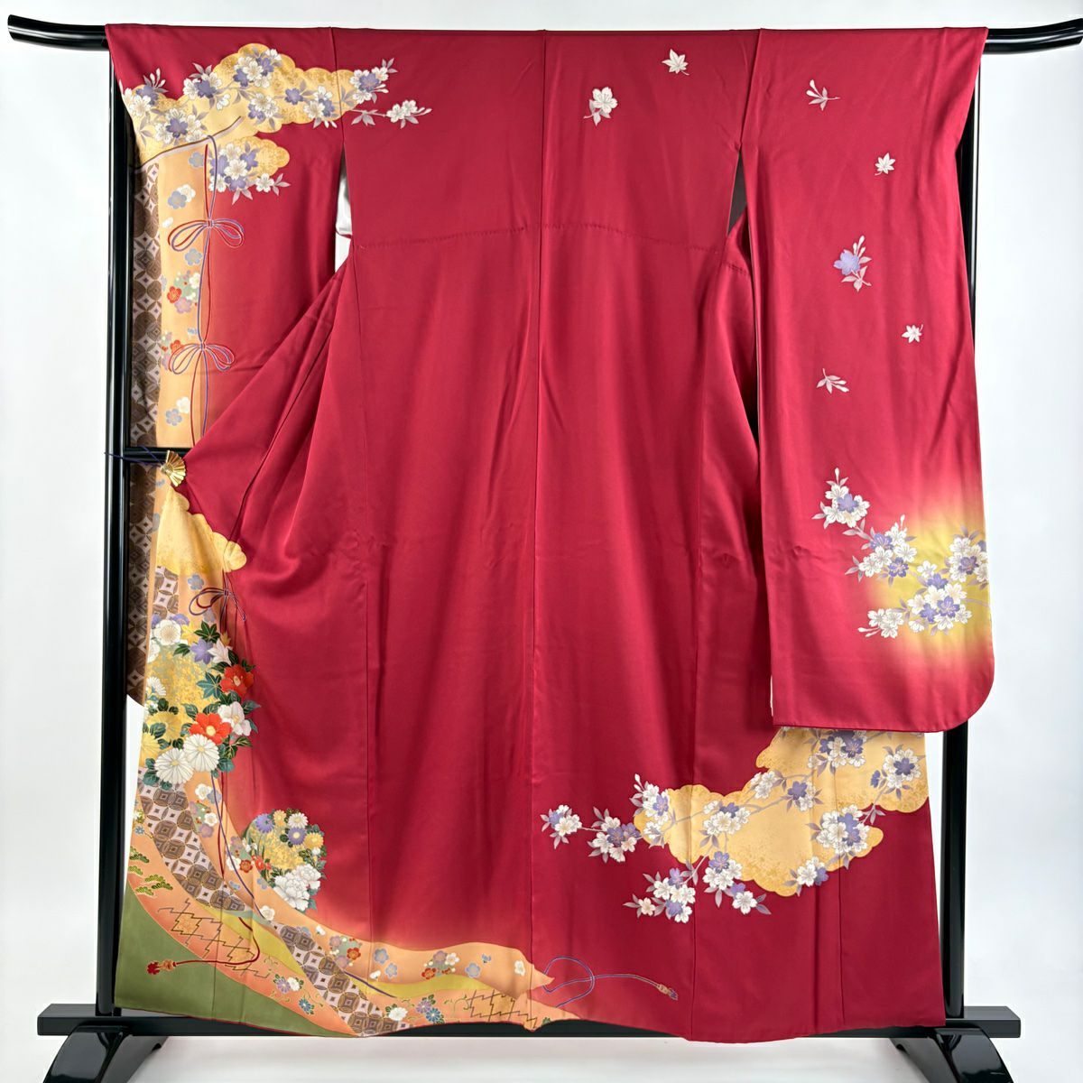 振袖禮服 身長158cm 袖長67cm M 雙層 落款 菊花 七寶紋 金金箔 金銀彩 深紅 純蠶絲 優品級