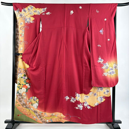 振袖禮服 身長158cm 袖長67cm M 雙層 落款 菊花 七寶紋 金金箔 金銀彩 深紅 純蠶絲 優品級