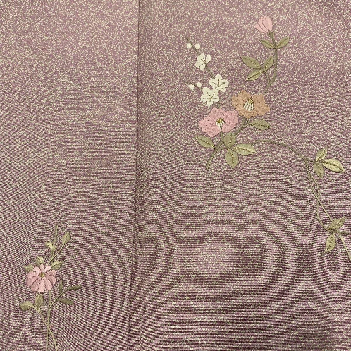 付下 身長162.5cm 袖長66.5cm M 雙層 椿 枝梅花 刺繡 金線 灰紫 純蠶絲 秀品級