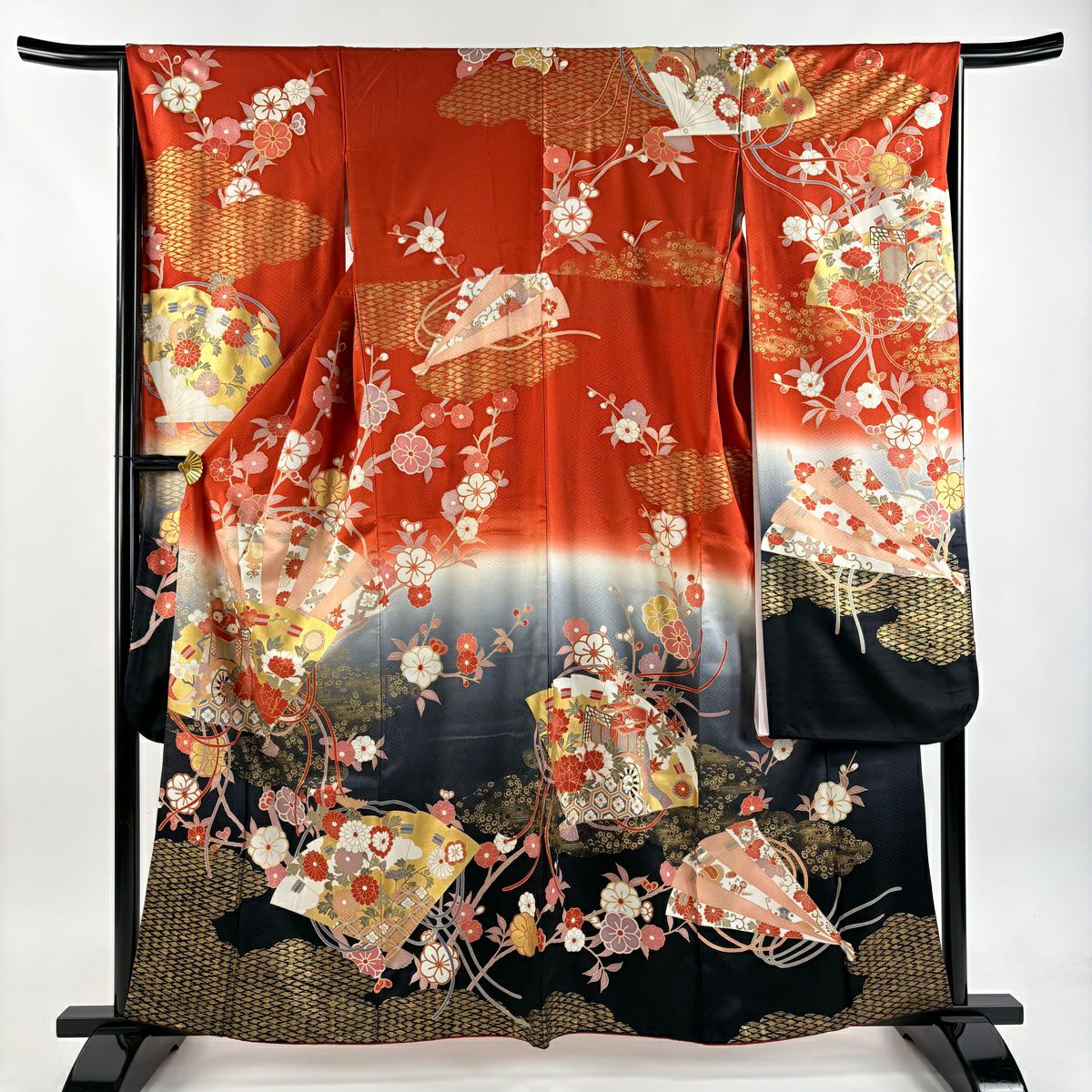 【美品】振袖禮服 身長161cm 袖長65cm M 雙層 檜扇子 枝梅花 金銀彩 漸層 朱 純蠶絲 優品級