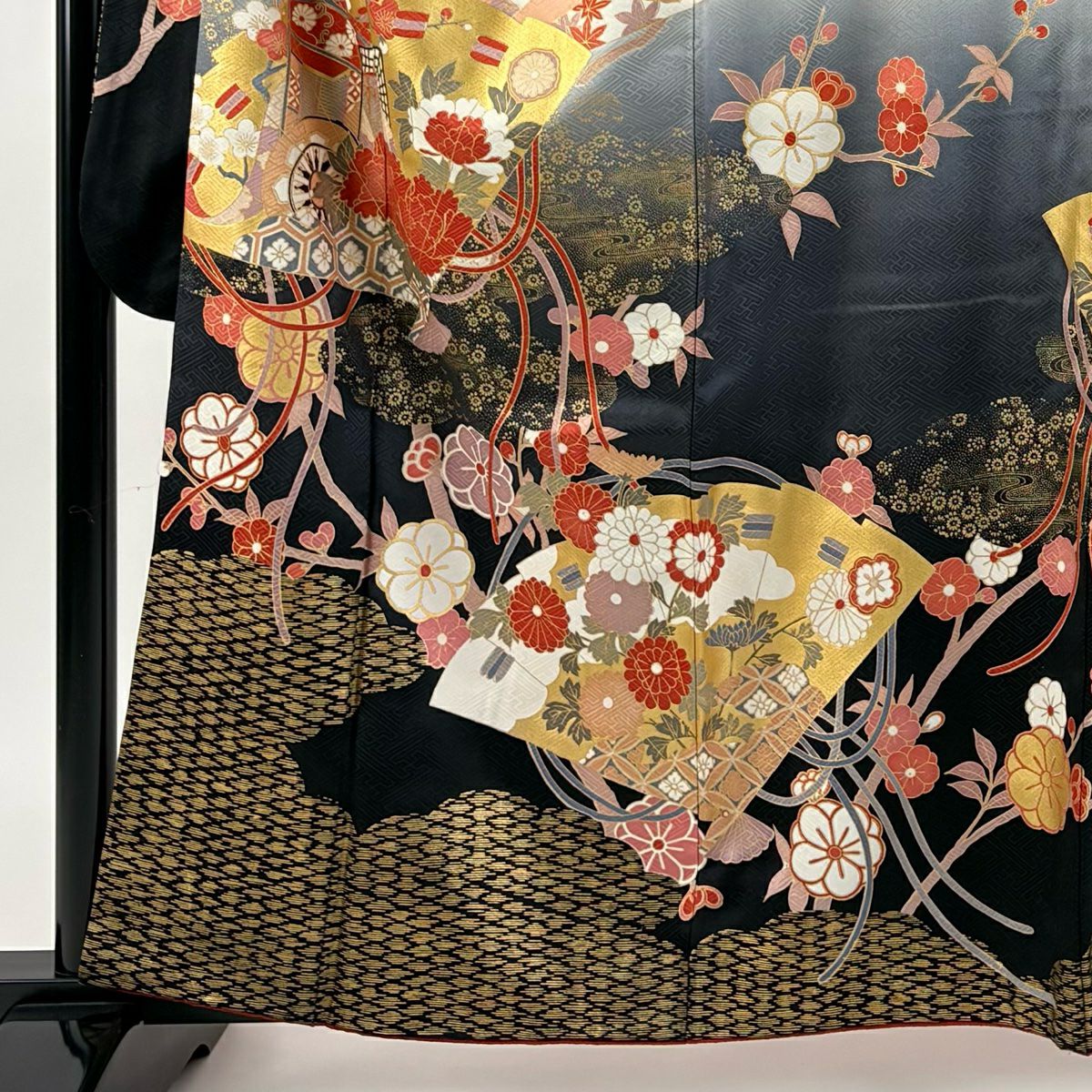 【美品】振袖禮服 身長161cm 袖長65cm M 雙層 檜扇子 枝梅花 金銀彩 漸層 朱 純蠶絲 優品級