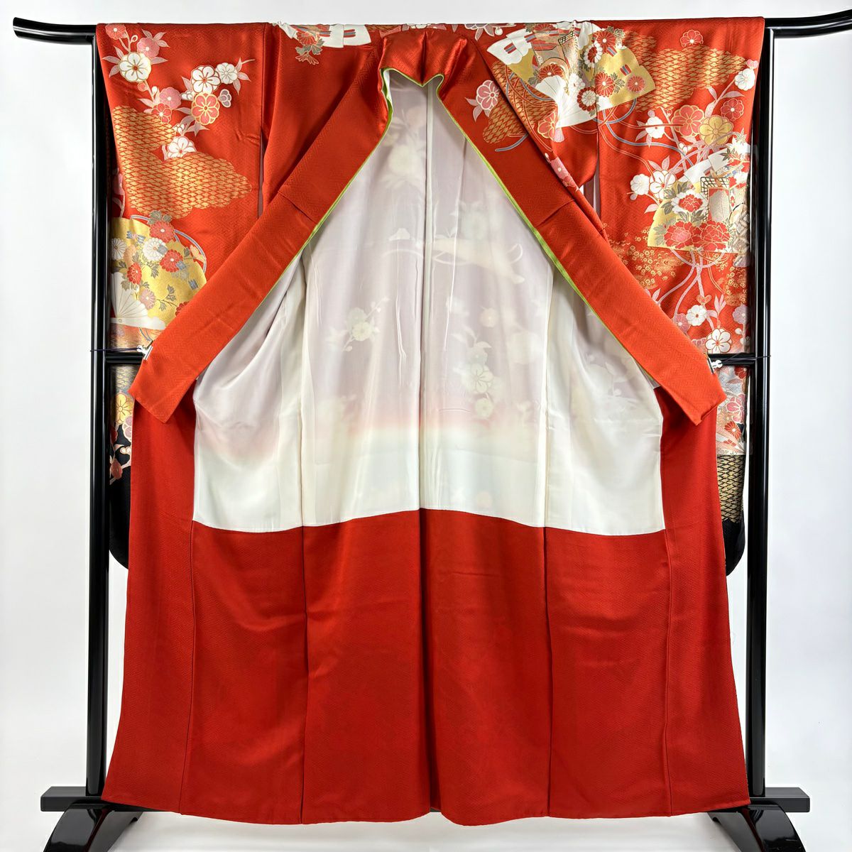 【美品】振袖禮服 身長161cm 袖長65cm M 雙層 檜扇子 枝梅花 金銀彩 漸層 朱 純蠶絲 優品級