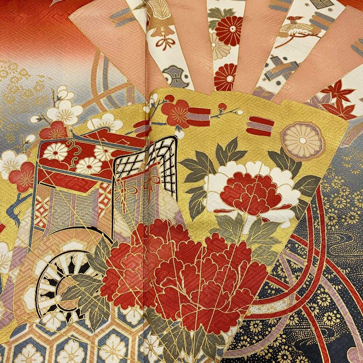 【美品】振袖禮服 身長161cm 袖長65cm M 雙層 檜扇子 枝梅花 金銀彩 漸層 朱 純蠶絲 優品級