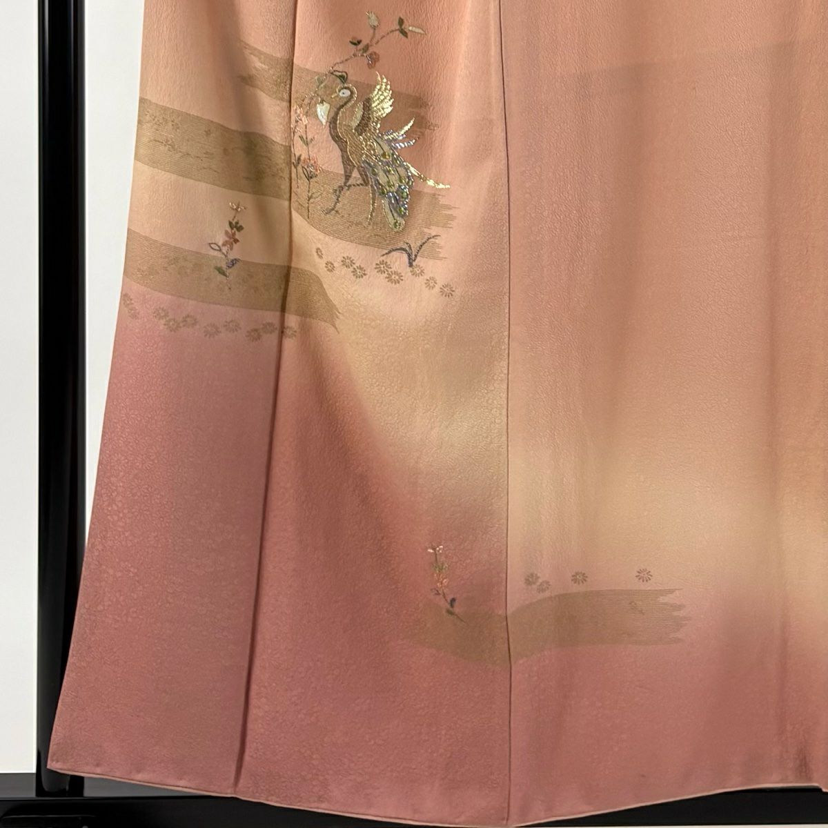 付下 身長157cm 袖長66.5cm M 雙層 花鳥 霞 金金箔 金銀彩 粉米色 純蠶絲 優品級
