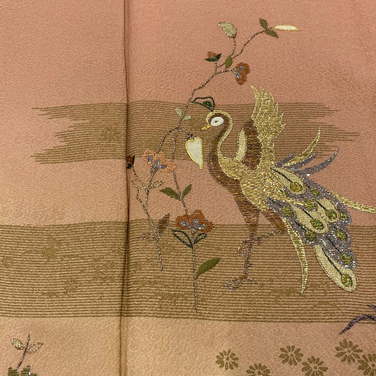 付下 身長157cm 袖長66.5cm M 雙層 花鳥 霞 金金箔 金銀彩 粉米色 純蠶絲 優品級