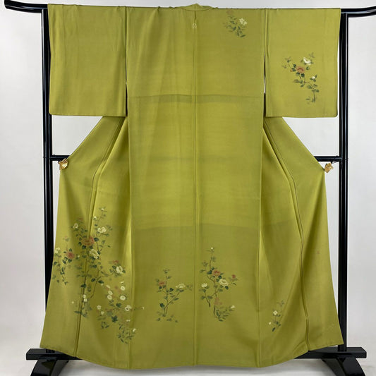 【美品】 付下 身長160cm 袖長65.5cm M 雙層 落款あり 椿 菊花 抹茶 純蠶絲 秀品級 一つ紋