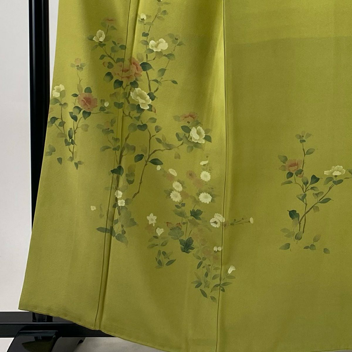 【美品】 付下 身長160cm 袖長65.5cm M 雙層 落款あり 椿 菊花 抹茶 純蠶絲 秀品級 一つ紋