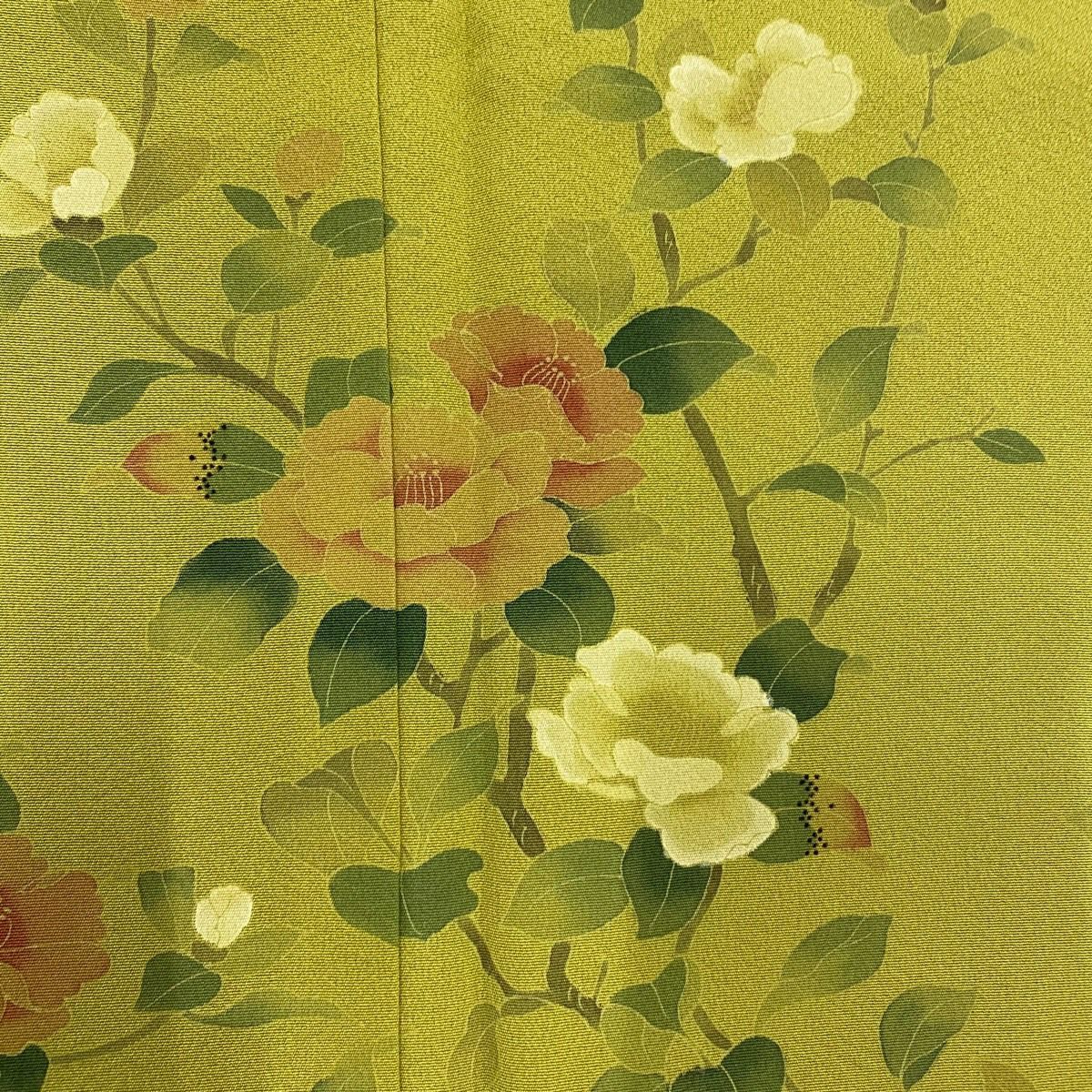 【美品】 付下 身長160cm 袖長65.5cm M 雙層 落款あり 椿 菊花 抹茶 純蠶絲 秀品級 一つ紋