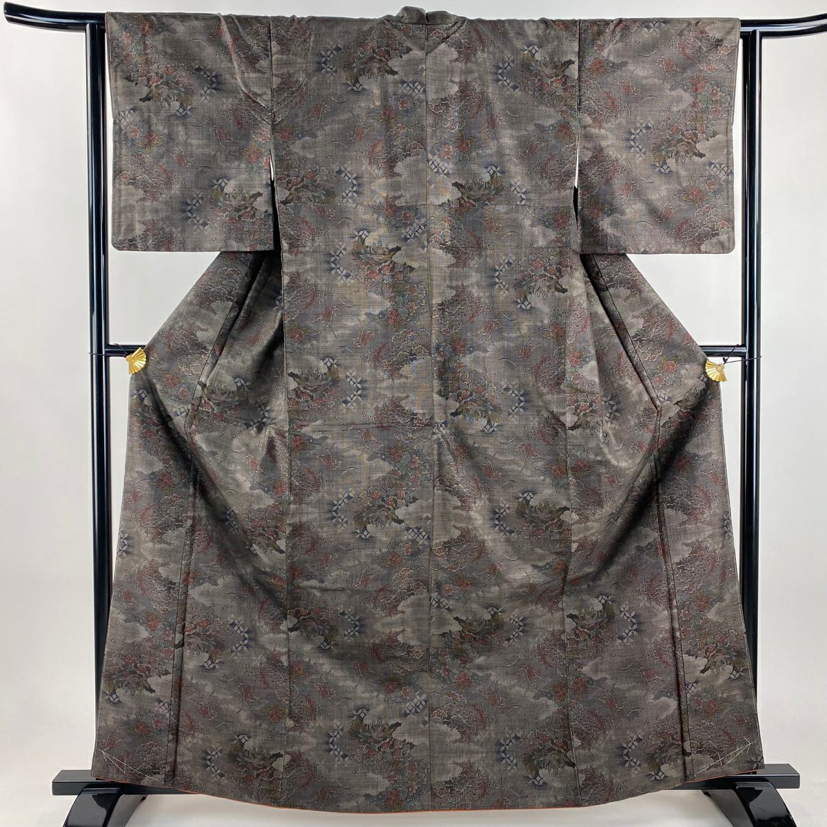 【美品】 大島紬織 身長163cm 袖長64cm M 雙層 證書附帶 梅花 七寶紋 純泥染 焦茶 正蠶絲 秀品級