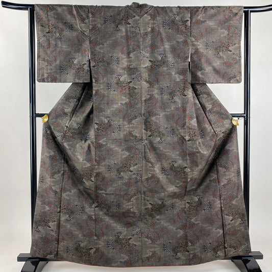 【美品】 大島紬織 身長163cm 袖長64cm M 雙層 證書附帶 梅花 七寶紋 純泥染 焦茶 正蠶絲 秀品級