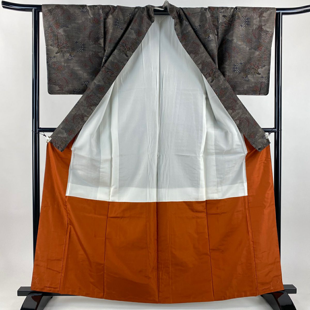 【美品】 大島紬織 身長163cm 袖長64cm M 雙層 證書附帶 梅花 七寶紋 純泥染 焦茶 正蠶絲 秀品級