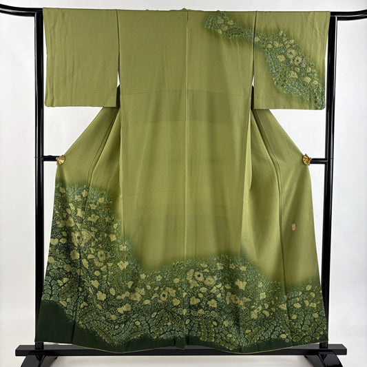 【美品】訪問服 身長155cm 袖長63cm S 雙層 德永憲峯 落款あり 辻花染 金銀彩 漸層 鶯色 純蠶絲 逸品級
