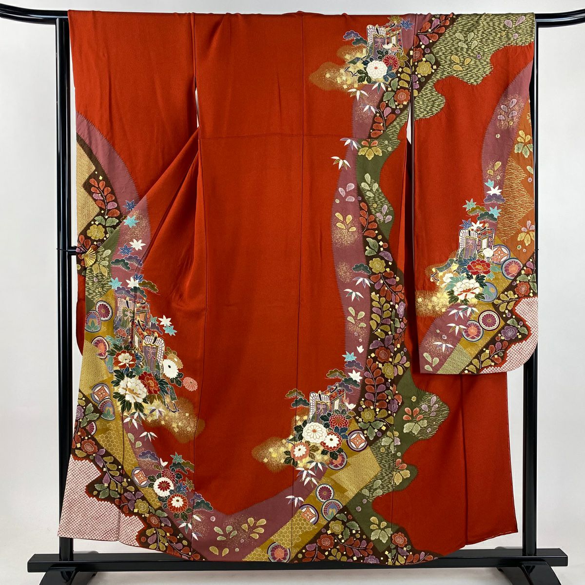 振袖禮服 身長156cm 袖長66cm M 雙層 御所車 草花紋 金絲 金銀彩 紅 純蠶絲 秀品級