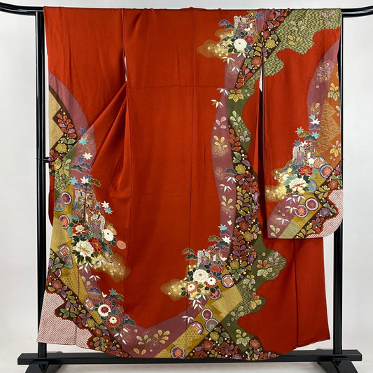 振袖禮服 身長156cm 袖長66cm M 雙層 御所車 草花紋 金絲 金銀彩 紅 純蠶絲 秀品級