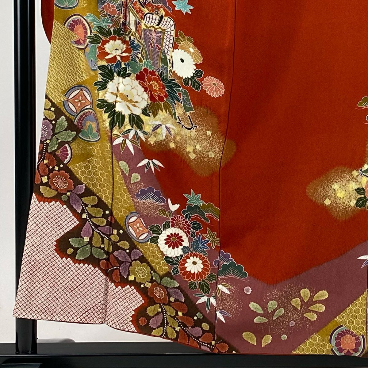 振袖禮服 身長156cm 袖長66cm M 雙層 御所車 草花紋 金絲 金銀彩 紅 純蠶絲 秀品級