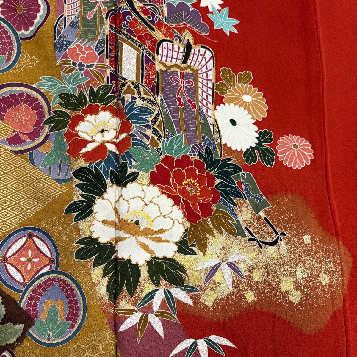 振袖禮服 身長156cm 袖長66cm M 雙層 御所車 草花紋 金絲 金銀彩 紅 純蠶絲 秀品級
