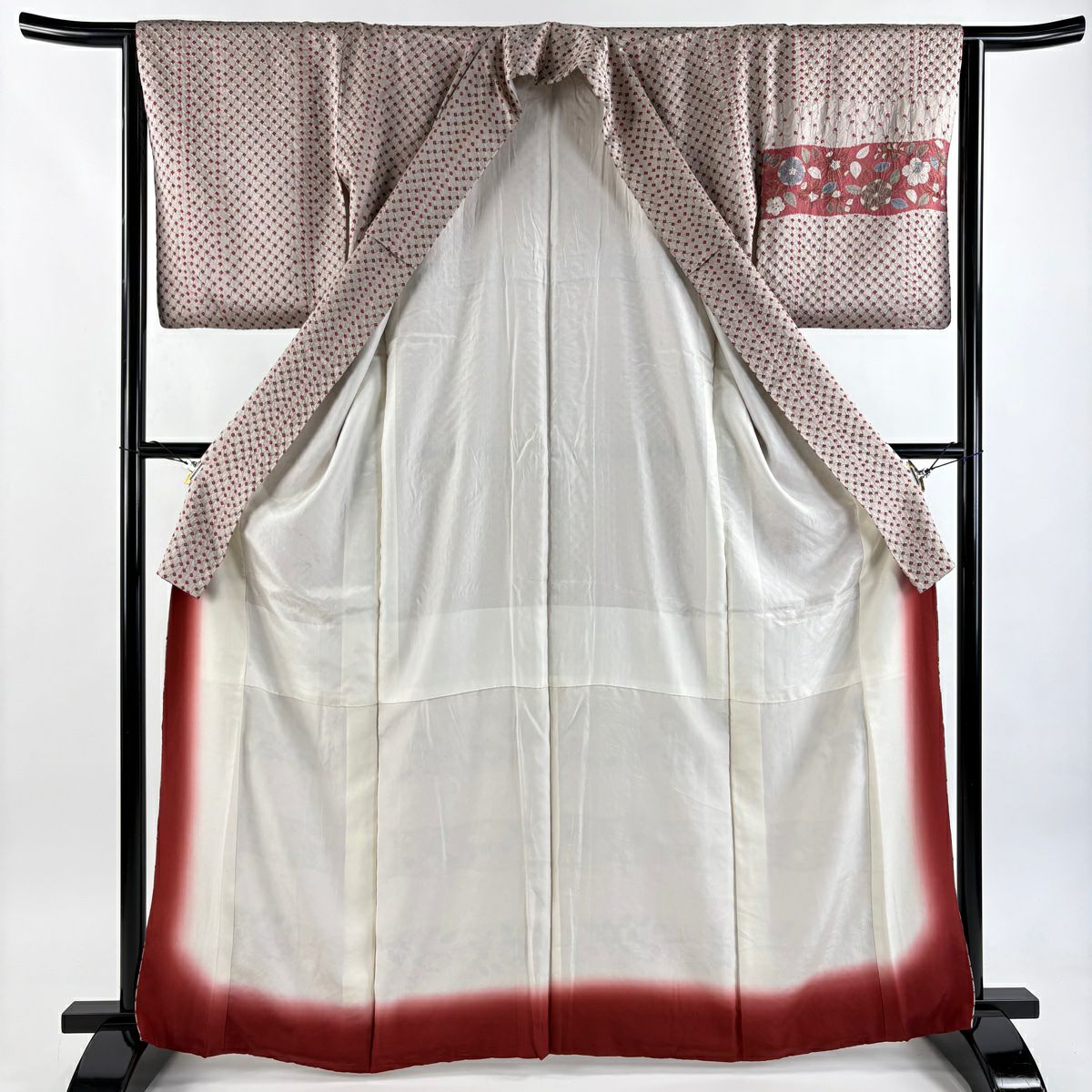 付下 身長165.5cm 袖長63.5cm S 雙層 草花紋紋 橫條 絞染 金銀彩 小豆 純蠶絲 優品級