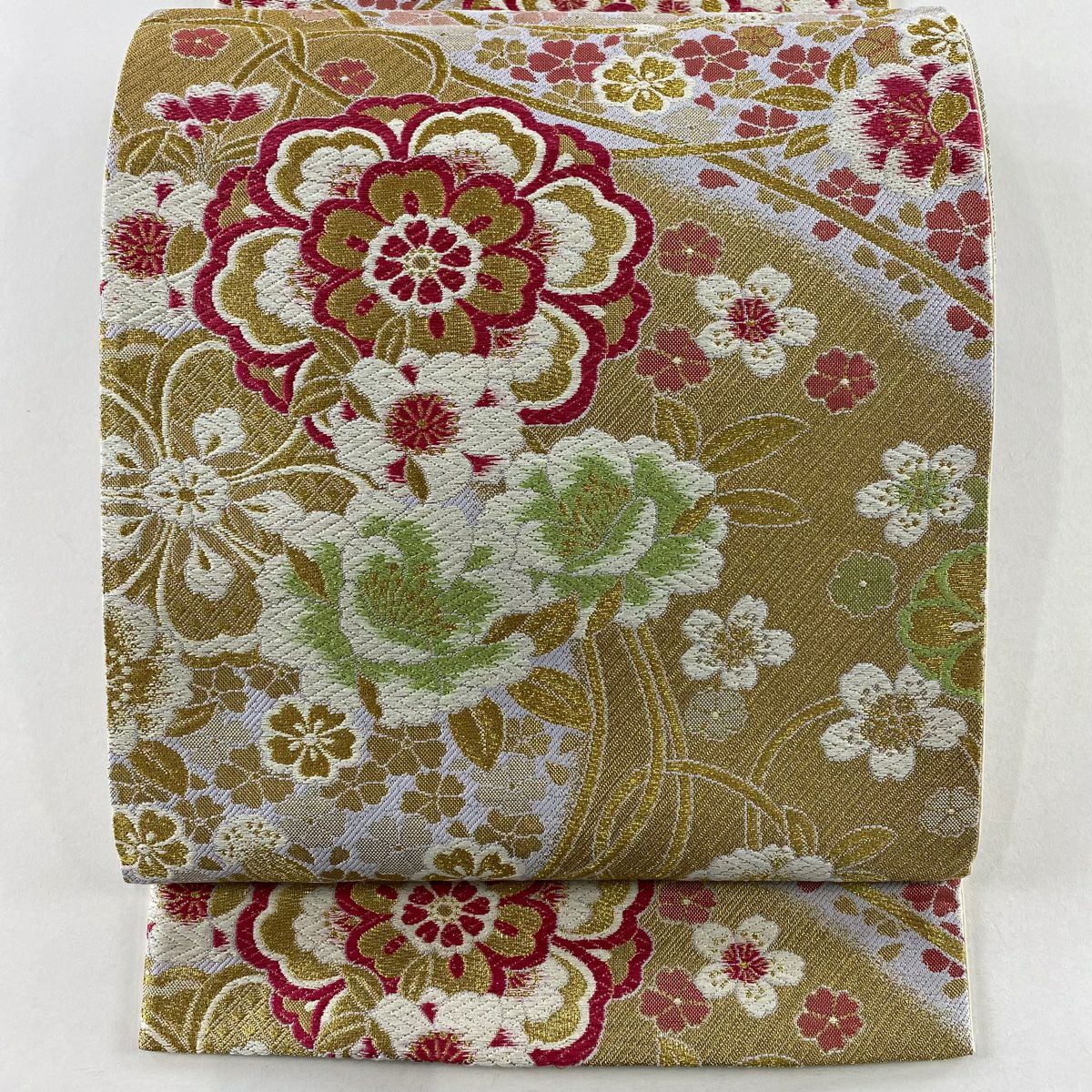 【美品】 袋帶 秀品級 草花紋紋 櫻花 金絲 金金箔 金色 六通 純蠶絲