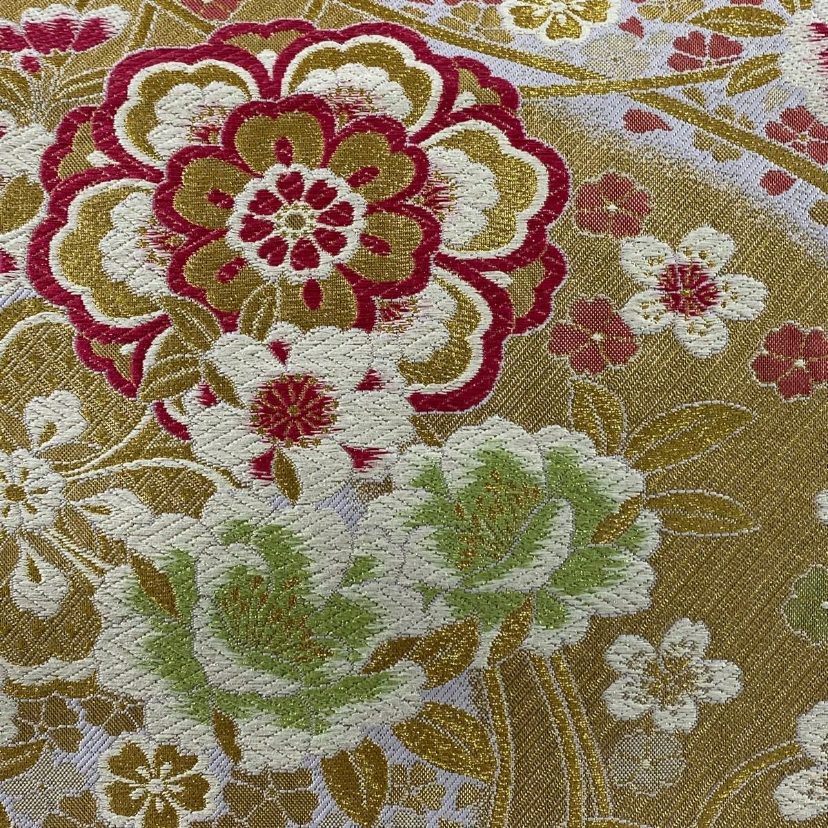 【美品】 袋帶 秀品級 草花紋紋 櫻花 金絲 金金箔 金色 六通 純蠶絲