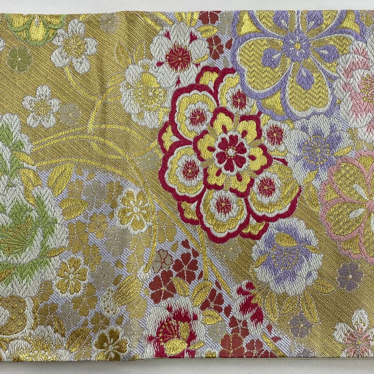 【美品】 袋帶 秀品級 草花紋紋 櫻花 金絲 金金箔 金色 六通 純蠶絲