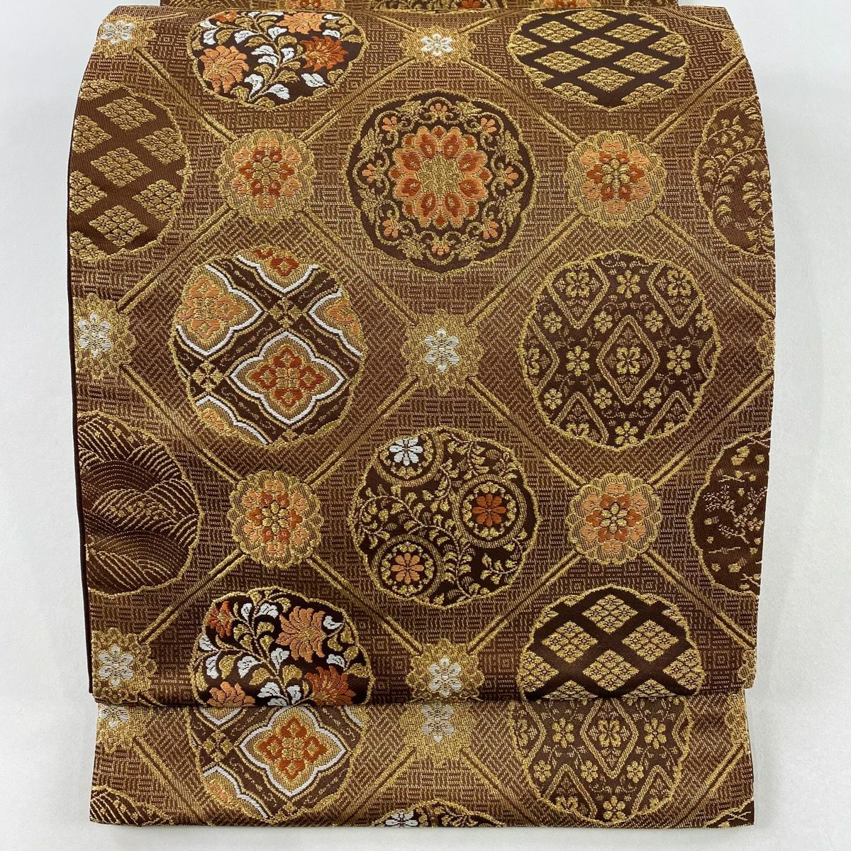【美品】 袋帶 秀品級 華紋 菱格子 金絲 金金箔 金茶 六通 純蠶絲