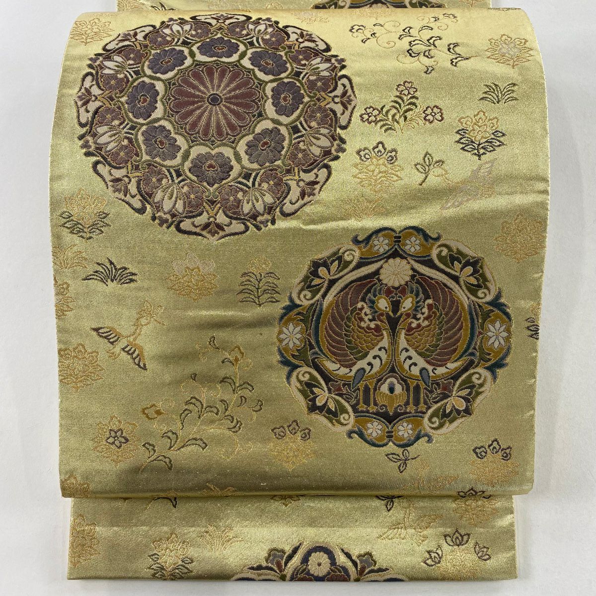 袋帶 秀品級 華紋 向鳥 金絲 金金箔 金色 六通 純蠶絲