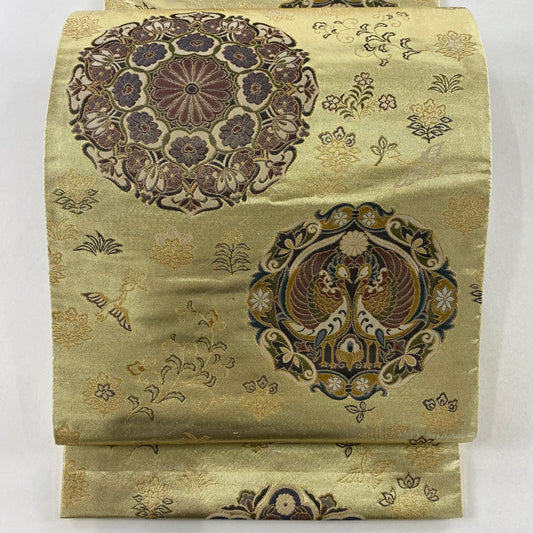 袋帶 秀品級 華紋 向鳥 金絲 金金箔 金色 六通 純蠶絲