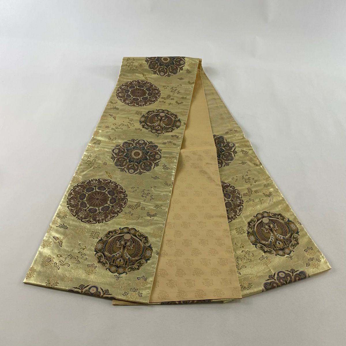 袋帶 秀品級 華紋 向鳥 金絲 金金箔 金色 六通 純蠶絲