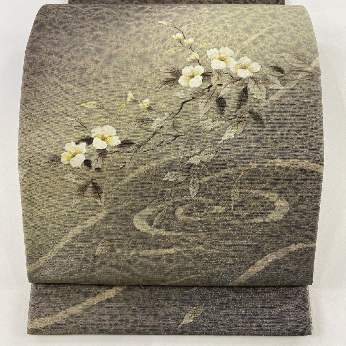 【美品】 袋帶 秀品級 有落款 枝花 流水 金絲 灰茶 大鼓圖案 純蠶絲