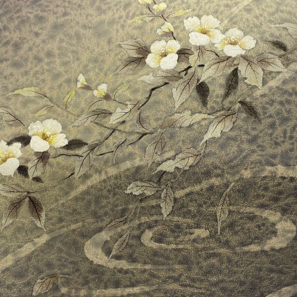 【美品】 袋帶 秀品級 有落款 枝花 流水 金絲 灰茶 大鼓圖案 純蠶絲