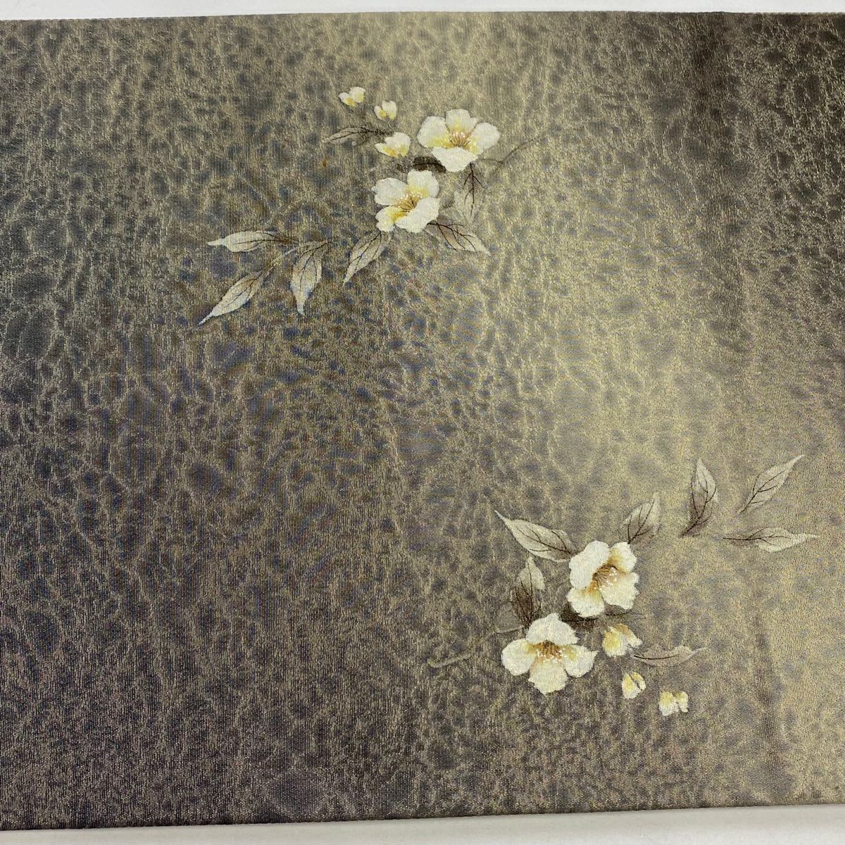【美品】 袋帶 秀品級 有落款 枝花 流水 金絲 灰茶 大鼓圖案 純蠶絲