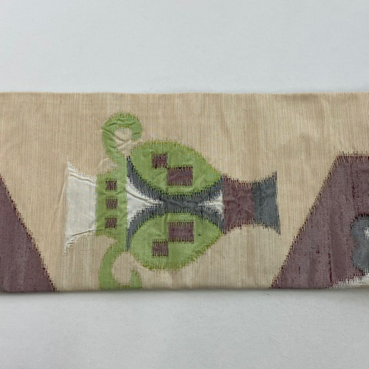 名古屋帶 秀品級 紬織織 器物 幾何學圖案 米色 純蠶絲