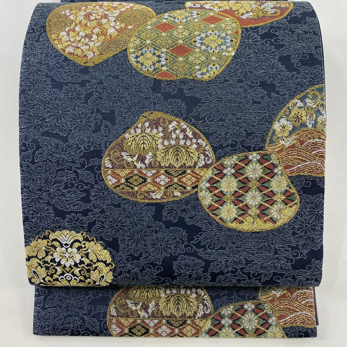 【美品】 袋帶 秀品級 貝合草花紋 金絲 刺繡 青灰 深藍色 六通 純蠶絲
