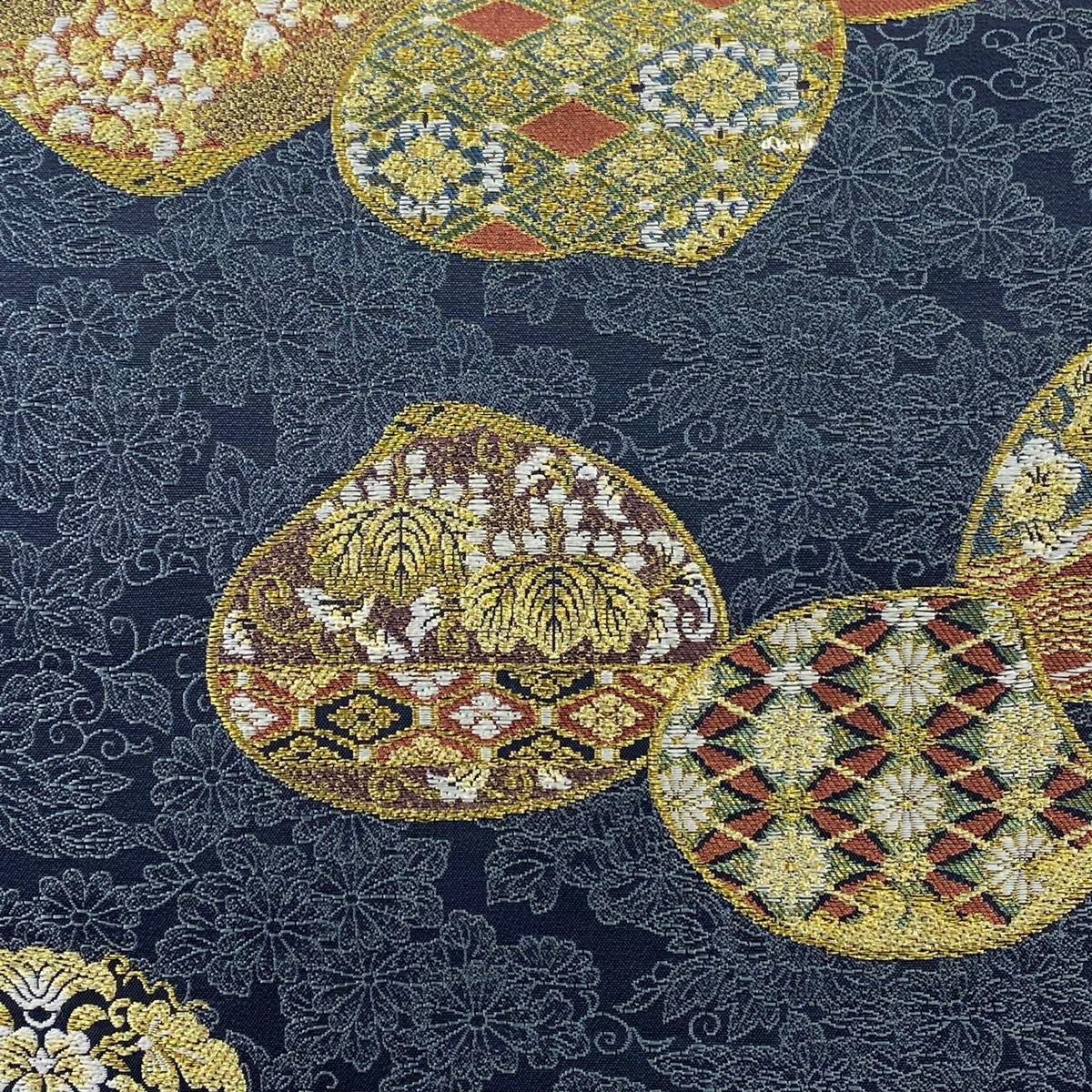 【美品】 袋帶 秀品級 貝合草花紋 金絲 刺繡 青灰 深藍色 六通 純蠶絲