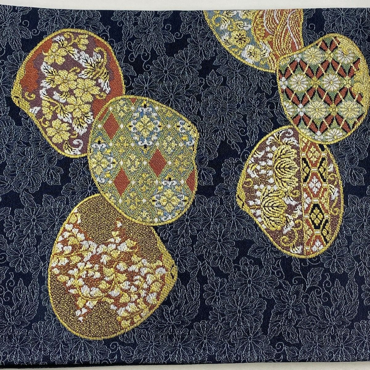 【美品】 袋帶 秀品級 貝合草花紋 金絲 刺繡 青灰 深藍色 六通 純蠶絲