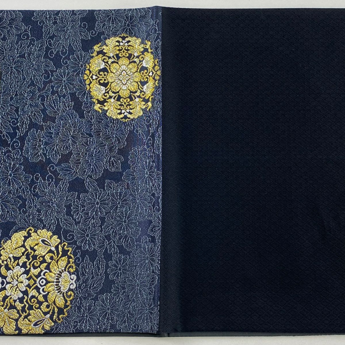 【美品】 袋帶 秀品級 貝合草花紋 金絲 刺繡 青灰 深藍色 六通 純蠶絲