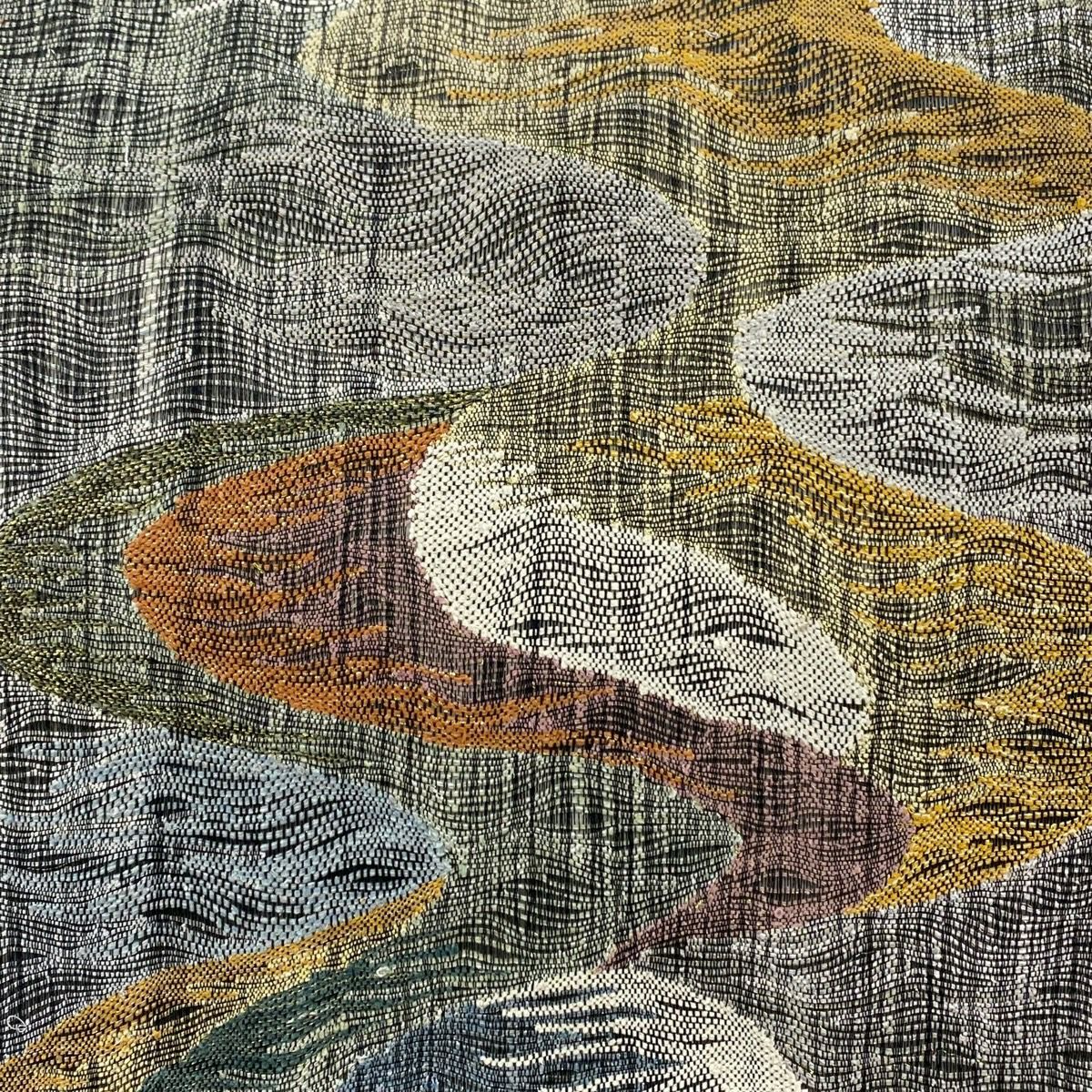 【美品】 袋帶 秀品級 夏帶 霞 幾何圖案 金金箔 黑灰 お太鼓圖案 純蠶絲